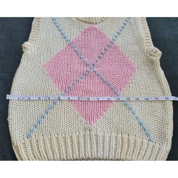 Vintage 60s 70s Ivory White Pink Sweater Vest Argyle Size XS/S Mod Coquette - Picture 8 of 11